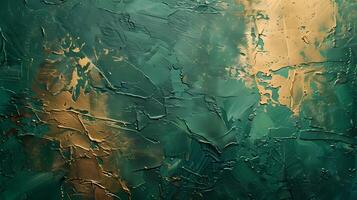 An artistic texture abstract background of green and gold painted on wall. Beautiful painting painted with oil colored or acrylic or watercolor in green and gold colors with canvas texture. photo