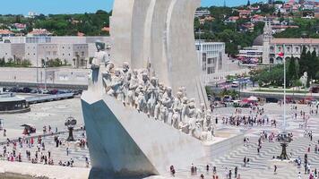 Aerial close up of the both sides of the monument to the Discoveries at Belem district. Monument of Discoveries in the Tagus River located where ships departed to explore in the Age of Discovery. video