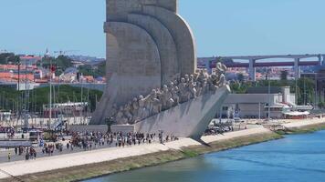 Aerial close up of the both sides of the monument to the Discoveries at Belem district. Monument of Discoveries in the Tagus River located where ships departed to explore in the Age of Discovery. video
