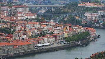 Aerial view of the European city Porto with Luis I Bridge over Douro river in Portugal, aerial view. Panoramic aerial view of Dom Luis Bridge in Porto video