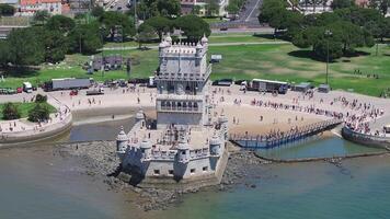 Aerial close up view of the Tower of Belem in Lisbon, Portugal on the Tagus River. video