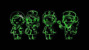 Glowing looping International Women Day nurses working in different specialized fields . neon frame effect, black background. video