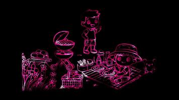 Glowing looping Father Day picnic. neon frame effect, black background. video