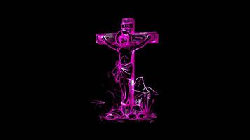 Glowing looping Easter Day Depiction of Jesus on the cross . neon frame effect, black background. video