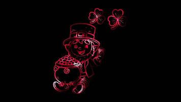 Glowing looping St Patrick Day leprechaun with a pot of gold. neon frame effect, black background. video