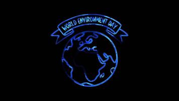 Glowing looping World environment Day logo with Earth and greenery. neon frame effect, black background. video