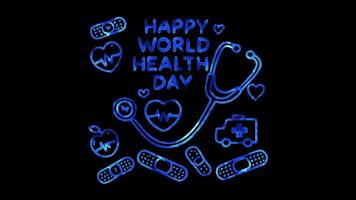 Glowing looping world health Day World Health Day message with health symbols. neon frame effect, black background. video
