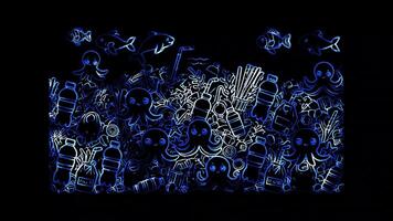 Glowing looping world world ocean Day plastic waste in the ocean. neon frame effect, black background. video