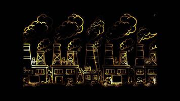 Glowing looping World environment Day factory emitting pollution. neon frame effect, black background. video