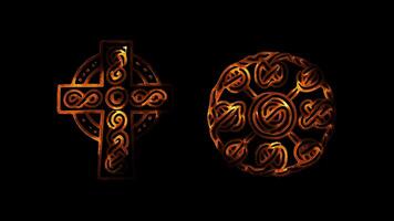 Glowing looping St Patrick Day Ancient Celtic symbols and crosses. neon frame effect, black background. video