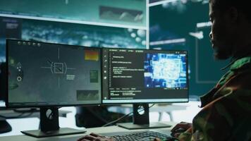 Cybersecurity expert oversees intelligence gathering through AI brain visualization and neural network, algorithms to collect real time data from surveillance systems. Digital science. Camera B. video