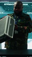 Vertical Military expert in a control center uses advanced technology and gear to gather intelligence from satellite imagery and surveillance systems. Using laptop to communicate information. Camera B. video