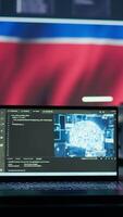 Vertical Military personnel working next to AI brain neural network in a command post with a North Korea flag on big screen. IT engineer employing deep learning to spread misinformation for scams. Camera B. video