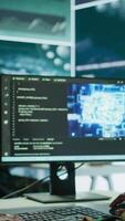 Vertical Cybersecurity expert oversees intelligence gathering through AI brain visualization and neural network, algorithms to collect real time data from surveillance systems. Digital science. Camera B. video