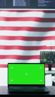 Vertical Empty chinese army power base control room using radar cctv to monitor terrorist attacks and warfare activities. Spreading fake news through communism ideology in military command post. Camera A. video