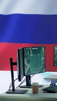 Vertical Russian military headquarters equipped with high tech equipment to gather intelligence and spread fake news, warfare propaganda to scare population. Empty control center for the army. Camera A. video
