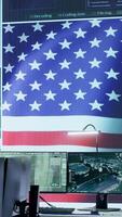 Vertical Empty monitoring room with an American flag protecting classified information and state secrets, agency protecting the country with anti terrorism tactics. Military control center. Camera A. video