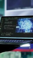 Vertical Russian IT expert uses new technology machine learning to spread fake news and cyber war propaganda, making national threats via neural network digital science. Army stealing information. Camera A. video