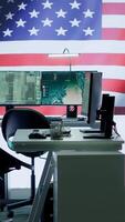 Vertical Empty russian federation military command post managing cyber warfare propaganda, scaring the population into submission. Army headquarters base of operations with russian flag. Camera A. video