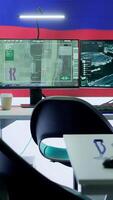 Vertical Empty military command center drone control agency with the russian flag on big screen, spreading misinformation and fake news to scare the population. Russian federation army. Camera A. video