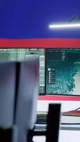 Vertical Empty army command center monitoring room agency with the russian flag on big screen, spreading propaganda messages and fake news to scare people. Military Russian federation power. Camera A. video