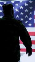 Vertical US army official working on ensuring servers protection and state secrets, protecting important hybrid warfare data in high tech agency office. Military soldier supervises hacking activity. Camera A. video