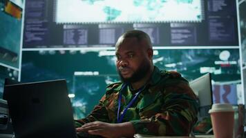 Team of military professionals in control center monitors satellite intelligence, collecting real time information and transmitting details for a mission success. Decision making. Camera B. video