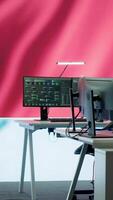 Vertical Empty chinese military base of operations working on spreading fake news and war propaganda for communism ideology. Army command post employing big data and high tech gear. Camera A. video