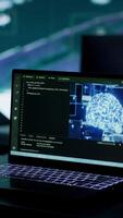 Vertical Military personnel working next to AI brain neural network in a command post with a North Korea flag on big screen. IT engineer employing deep learning to spread misinformation for scams. Camera A. video