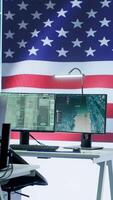 Vertical Empty United States military control tower office with the American flag, armed forces operation room with modern equipment. National guard surveillance systems on a big screen. Camera A. video