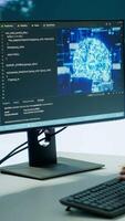 Vertical IT software engineer collecting real time data from neural network AI brain, machine learning and data mining algorithms to assist troops with defense missions. Cognitive computing. Camera A. video