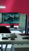 Vertical Empty chinese military base monitoring room working on spreading fake news and misinformation for communism. National command post using high tech gear for army propaganda. Camera A. video