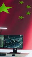 Vertical Empty chinese army power base control room using radar cctv to monitor terrorist attacks and warfare activities. Spreading fake news through communism ideology in military command post. Camera B. video