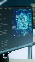 Vertical Cybersecurity expert oversees intelligence gathering through AI brain visualization and neural network, algorithms to collect real time data from surveillance systems. Digital science. Camera A. video