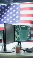 Vertical Empty modern base of operations used by the US military armed forces, safeguarding state secrets and ensuring security protocols. High tech surveillance gear used for intelligence. Camera B. video