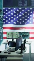 Vertical Empty American military control center equipped with high tech gear and a big screen, space used as an army drone control and monitoring room. Protecting national interests. Camera B. video