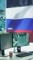 Vertical Empty mission control center with the russian flag on big screen, dealing with fake news and a terrorist attack with high tech gear. Spreading misinformation and controlling the people. Camera B. video
