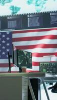 Vertical Empty army command center with big data presents the American flag, top secret armed forces agency protecting the country from threats. Monitoring room with high tech gear. Camera B. video