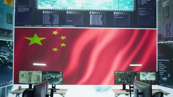 Empty chinese military base of operations working on spreading fake news and war propaganda for communism ideology. Army command post employing big data and high tech gear. Camera B. video