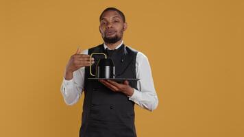 Restaurant staff serving clients with tea before their dinner order, bringing the teapot at the table. Waiter dressed in apron serves customers for satisfaction, service oriented industry. Camera B. video