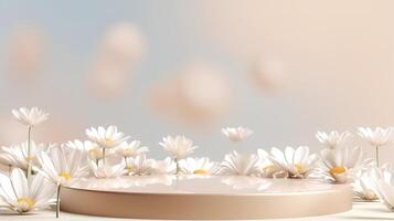 Cylinder podium background with daisy flowers. 3d round display mockup in cream pastel colors for cosmetic products presentation with empty space. photo