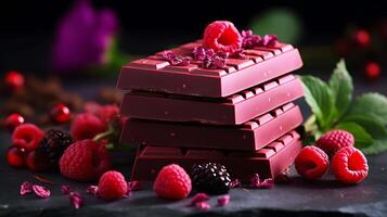 Ruby chocolate bar. Background with pink chocolate pieces on a brown background side view close up. photo
