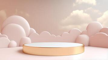 Cylinder podiums pink background with clouds 3d round display mockup in pastel yellow and gold colors for cosmetic products presentation with empty space. photo
