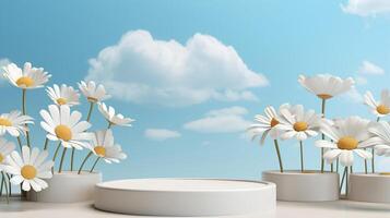 Cylinder podiums blue background with clouds and daisies. 3d round display mockup in white pastel colors for cosmetic products presentation with empty space. photo