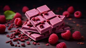 Ruby chocolate bar. Background with pink chocolate pieces on a brown background side view close up. photo