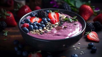 Acai bowl with berries and fruits. Breakfast smoothie bowl with blueberries and strawberries. photo