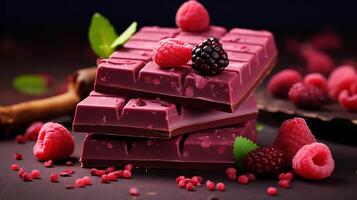 Ruby chocolate bar. Background with pink chocolate pieces on a brown background side view close up. photo