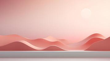 Empty room mockup with pastel coral background. 3d round display mockup for cosmetic products presentation with empty space. photo