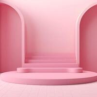 Cylinder podiums on pink background. 3d round display mockup for cosmetic products presentation with empty space. photo