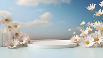 Cylinder podiums blue background with clouds and daisies. 3d round display mockup in white pastel colors for cosmetic products presentation with empty space. photo